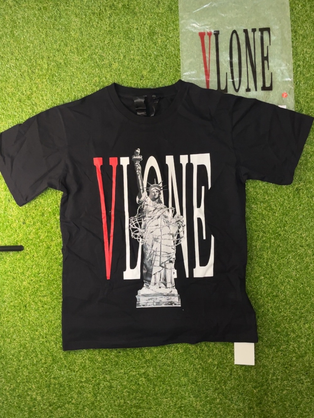 VLONE Black Tee with Subtle Beige Logo Tag